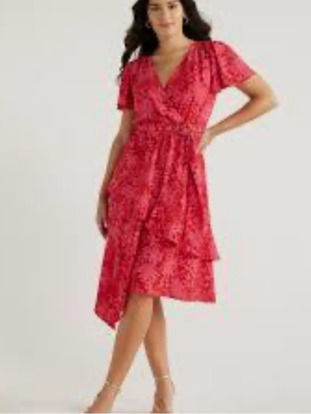 Sofia by Sofia Vergara Faux Wrap Dress Size XL Red Pink Floral Asymmetrical Hem